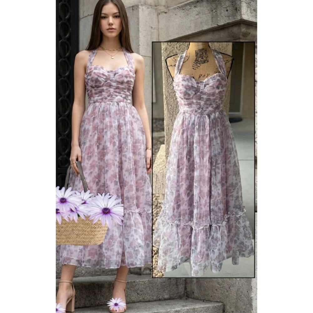 Petal and Pup Sweetheart Neckline Padded Cups Floret Midi Dress Size M